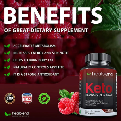 Healblend Raspberry Keto plus Supplement - Ketones Diet Pills, Advanced Weight Loss Support, Promotes Ketosis for Women and Men - 120 Capsules 3-Pack