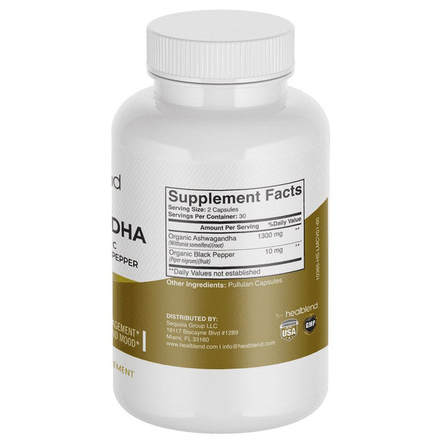 Healblend Organic Ashwagandha Supplement 1300Mg with Black Pepper Extract - Supports Stress Relief, Immune, Energy, Stamina & Mood, 100% Pure - 60 Capsules 3-Pack