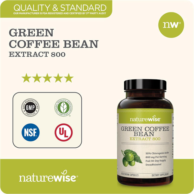 Naturewise Green Coffee Bean 800Mg Max Potency Extract 50% Chlorogenic Acids, Raw Green Coffee Antioxidant Support Supplement & Support Healthy Weight Maintenance Goals, Non-Gmo, (60 Count)