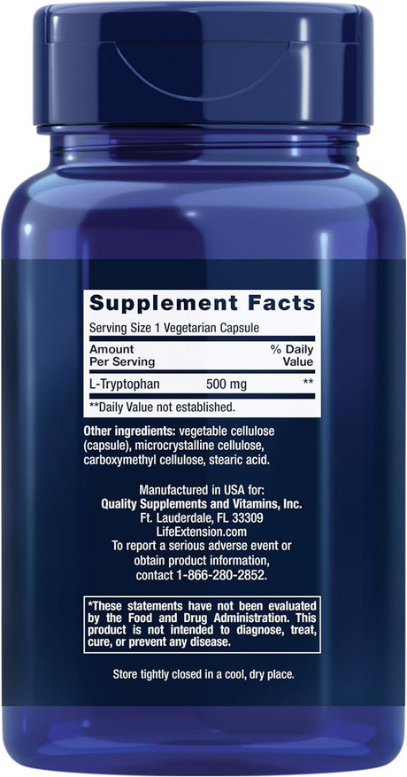 Life Extension L-Tryptophan 500 Mg – L-Tryptophan Supplement for Healthy Sleep and Stress Response Support – Gluten-Free, Non-Gmo, Vegetarian – 90 Capsules