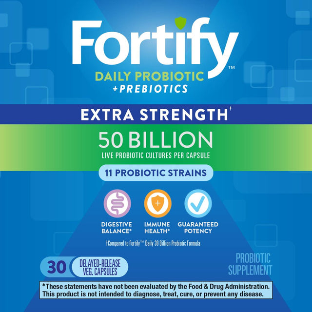 Nature’S Way Fortify Extra Strength Daily Probiotic, 50 Billion Live Cultures, 11 Strains, Prebiotic, 30 Capsules