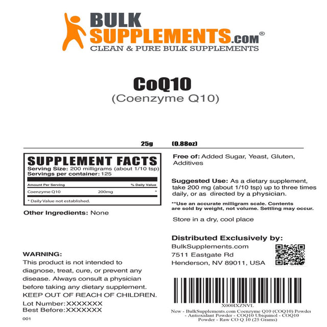 Bulksupplements.Com Coenzyme Q10 (COQ10) Powder - Antioxidant Powder - COQ10 Powder - Raw CO Q 10 (25 Grams - 0.88 Oz)