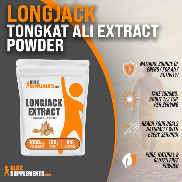 BULKSUPPLEMENTS.COM Longjack Extract Powder - Tongkat Ali Extract, Tongkat Ali Powder - Longjack Tongkat Ali, Tongkat Ali for Men - Gluten Free, 1000Mg per Serving, 100G (3.5 Oz)