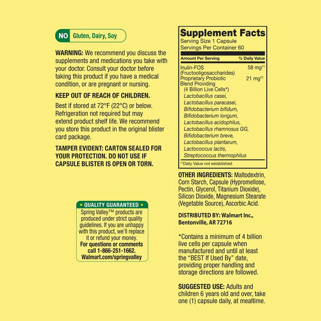 Spring Valley Daily Probiotic Dietary Supplement, 60 Vegetarian Capsules