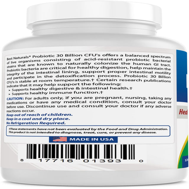 Best Naturals Probiotic 10 Strains & 30 Billion CFU Intestinal Flora 60 Vegetarian Capsules | Shelf Stable Probiotic