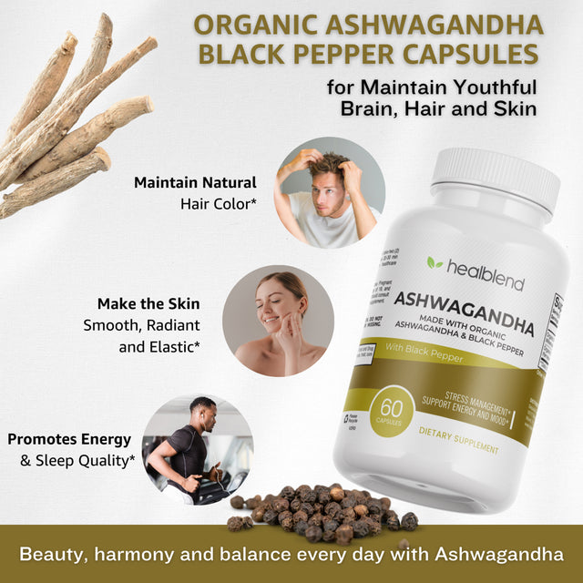 Healblend Organic Ashwagandha Supplement 1300Mg with Black Pepper Extract - Supports Stress Relief, Immune, Energy, Stamina & Mood, 100% Pure - 60 Capsules 3-Pack
