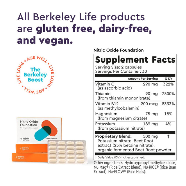 Berkeley Life Professional - Nitric Oxide Booster & Support Supplement with Organic Beetroot Powder - Help Maintain Healthy Blood Pressure - Support Circulation & Cardiovascular Health, 60 Capsules