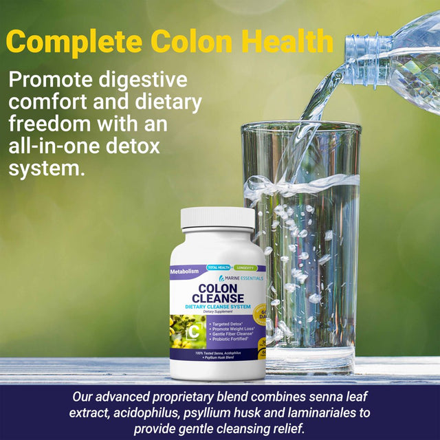 Marine Essentials - Colon Cleanse Dietary Supplement - 9 Strain Probiotic Blend, Senna Leaf Extract + Psyllium Husk