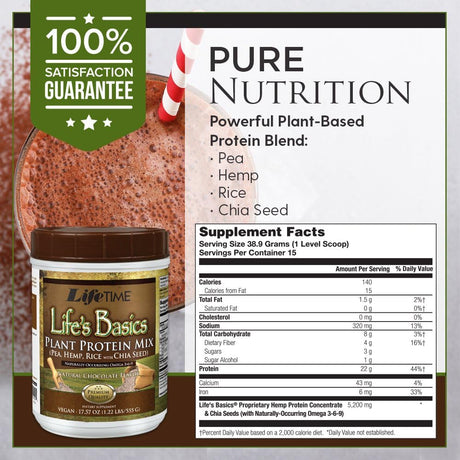 LIFETIME Lifes Basics Plant Based Protein Powder | Natural Chocolate, Vegan | No Gluten, Artificial Flavors, or Preservatives | 1.22Lb