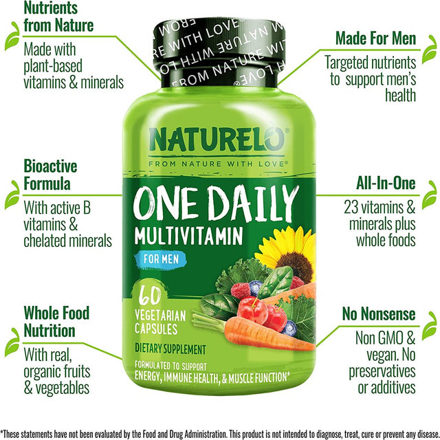 NATURELO One Daily Multivitamin for Men - with Vitamins & Minerals + Organic Whole Foods - Supplement to Boost Energy, General Health - Non-Gmo - 60 Capsules