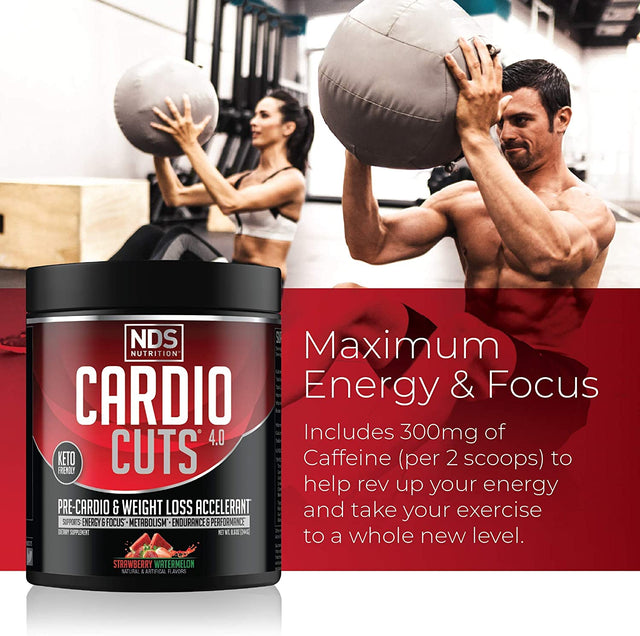 Cardio Cuts NDS Nutrition 4.0 Pre Workout Supplement - Advanced Weight Loss and Pre Cardio Formula with L-Carnitine, CLA, Mcts, L-Glutamine, and Safflower Oil - Strawberry Watermelon (40 Servings)