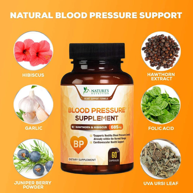 Nature'S Nutrition Blood Pressure Support Supplement with Hawthorn and Hibiscus 685Mg, 60 Capsules.