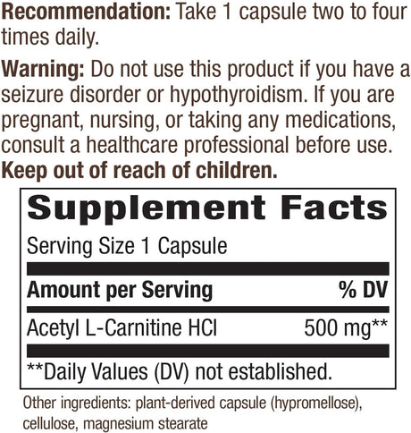 Nature'S Way Acetyl L-Carnitine, Supports Brain Function*, 500Mg per Serving, 60 Capsules
