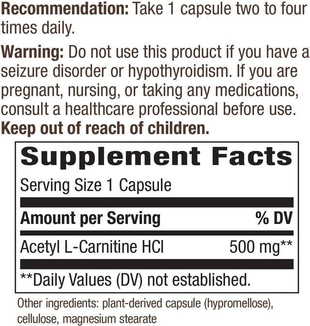 Nature'S Way Acetyl L-Carnitine, Supports Brain Function*, 500Mg per Serving, 60 Capsules