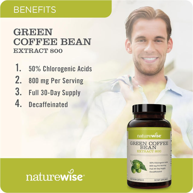 Naturewise Green Coffee Bean 800Mg Max Potency Extract 50% Chlorogenic Acids, Raw Green Coffee Antioxidant Support Supplement & Support Healthy Weight Maintenance Goals, Non-Gmo, (60 Count)