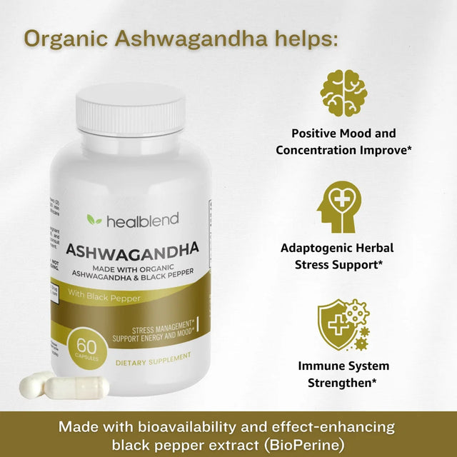 Healblend Organic Ashwagandha Supplement 1300Mg with Black Pepper Extract - Supports Stress Relief, Immune, Energy, Stamina & Mood, 100% Pure - 60 Capsules 3-Pack