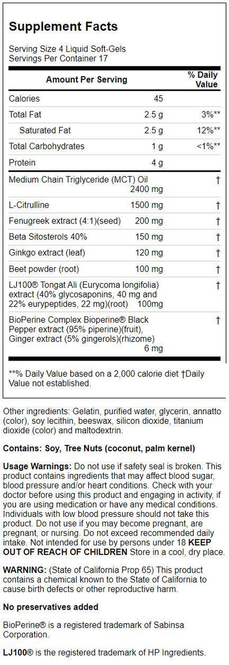 Testosterone Mega-Boost RED for Men - Nitric Oxide Booster for Enhanced Performance (68 Liquid Softgels)