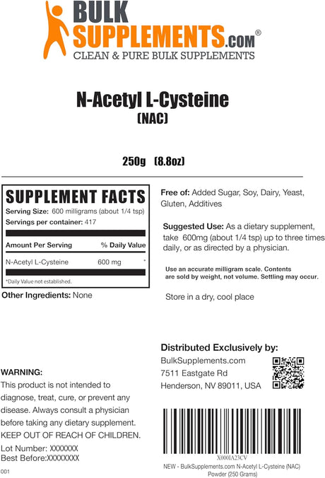 BULKSUPPLEMENTS.COM NAC Powder - N-Acetyl Cysteine 600Mg, NAC Supplement - Antioxidant Support, Gluten Free - 600Mg per Serving, 417 Servings, 250G (8.8 Oz) (Pack of 1)