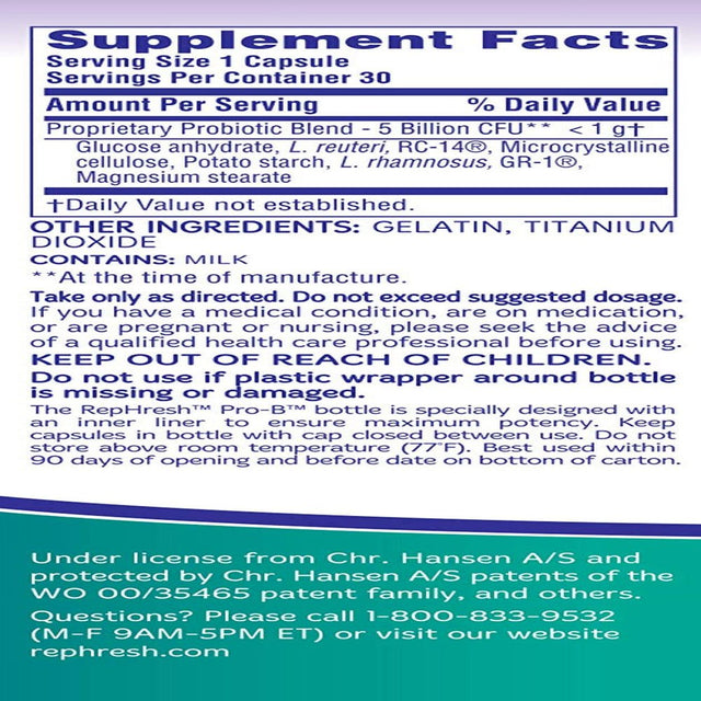 Rephresh Pro-B Feminine Probiotic Supplement Capsule Non Dairy Formula, 30 Count
