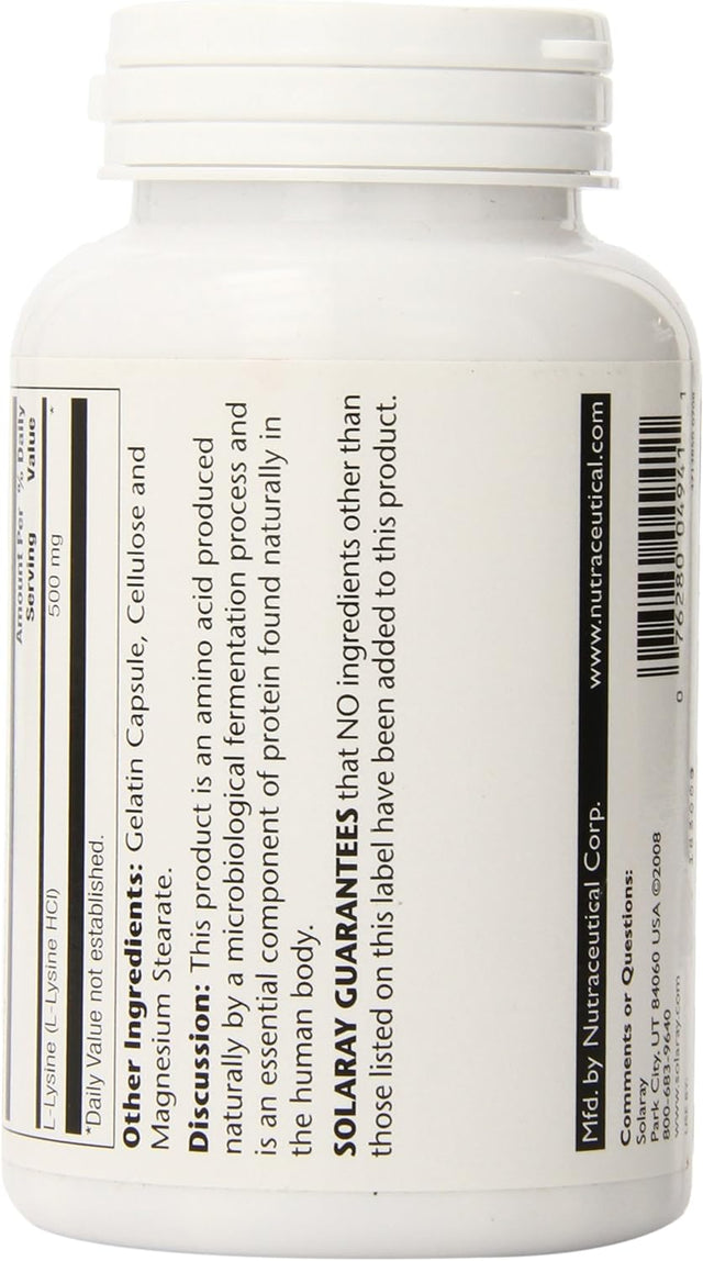 SOLARAY L-Lysine 500Mg | Amino Acid | Healthy Cognitive, Immune System & GI Function, Bones, Joints & Skin Support | 120 Vegcaps