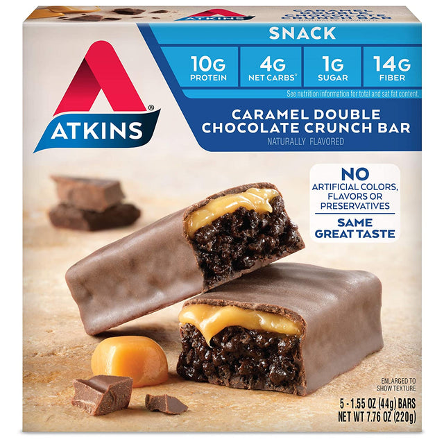 Atkins Caramel Double Chocolate Crunch Bars. Rich and Decadent Treat with Low Sugar and Net Carbs. Great Source of Protein and Fiber. 1.55 Oz per Bar (5 Bars)
