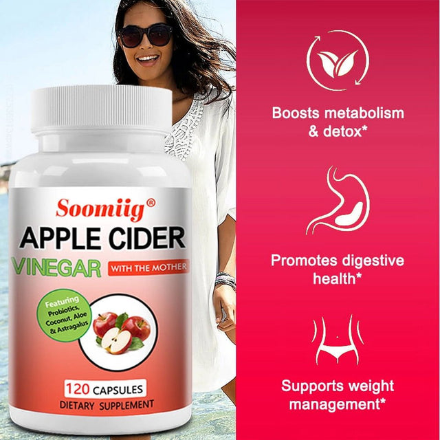Soomiig Apple Cider Vinegar Capsules - 100% Organic Apple Cider Vinegar Pills - Natural Digestion, Immune Boosting Support and Cleansing Supplement with Probiotics