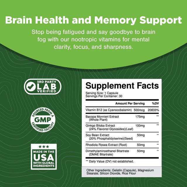 Nootropic Memory Supplement for Brain Support - Memory Pills for Brain Boost and Natural Energy Booster - Vitamin B 12 Bacopa Monnieri Rhodiola Rosea DMAE Ginkgo Biloba Phosphatidylserine Supplement