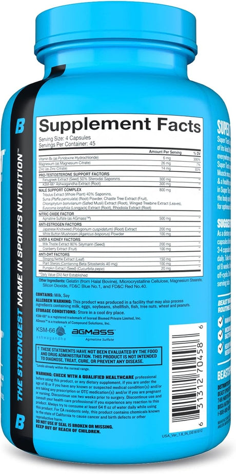 Beast Sports Nutrition Super Test - 180 Capsules - Boost Natural Testosterone Levels - Maximize Strength, Burn Body Fat, Faster Recovery & Increase Performance - 45 Servings