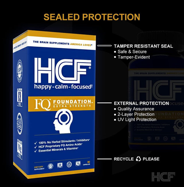 HCF Happy, Calm & Focused - Natural Nootropic Focus Supplement - Boost Concentration, Enhance Focus, Natural Calm Aid & Stress Relief - 90 Capsules for Men & Women - Caffeine-Free Brain Supplement