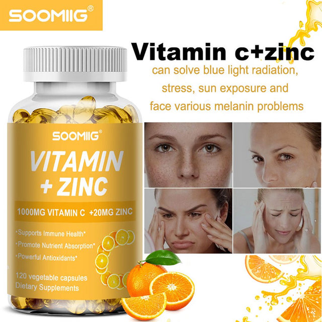 SOOMIIG Vitamin 1000Mg + Zinc 20Mg Supplement, 2-In-1 Antioxidant Formula, Immunity Enhancement, Collagen Production & Skin Health Support