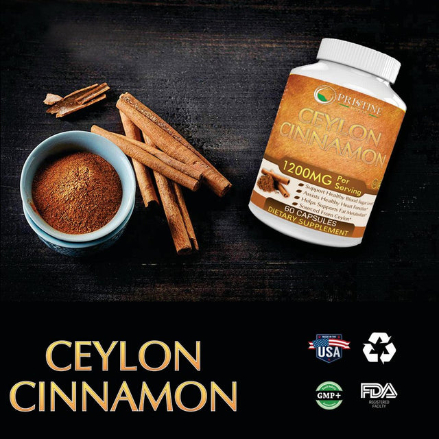 Pristine Foods Ceylon Cinnamon Supplement 1200Mg per Serving - Healthy Blood Sugar, Joint Support, Anti-Inflammatory & Antioxidant - 60 Capsules