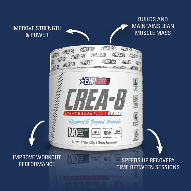Ehplabs CREA-8 Creatine Monohydrate Powder - Creatine Powder for Building Lean Muscle Mass, Improves Strength & Power, Supports Brain Health - 100 Servings (500G)
