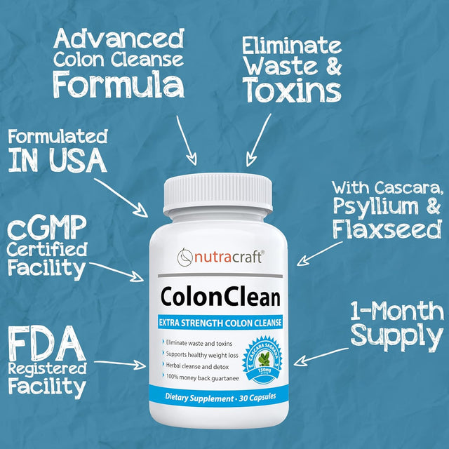 Nutracraft Colonclean #1 Colon Detox and Constipation Relief | Senna, Cascara Sagrada, Psyllium, MCT, Aloe and Probiotics | 30 Capsules