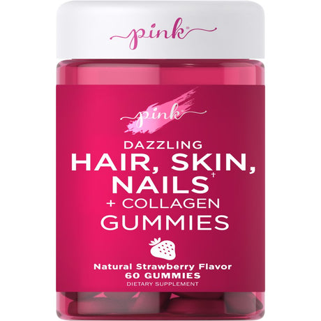Pink Hair Skin Nails Gummies | 60 Count | plus Collagen | Vitamins for Women | Strawberry Flavor