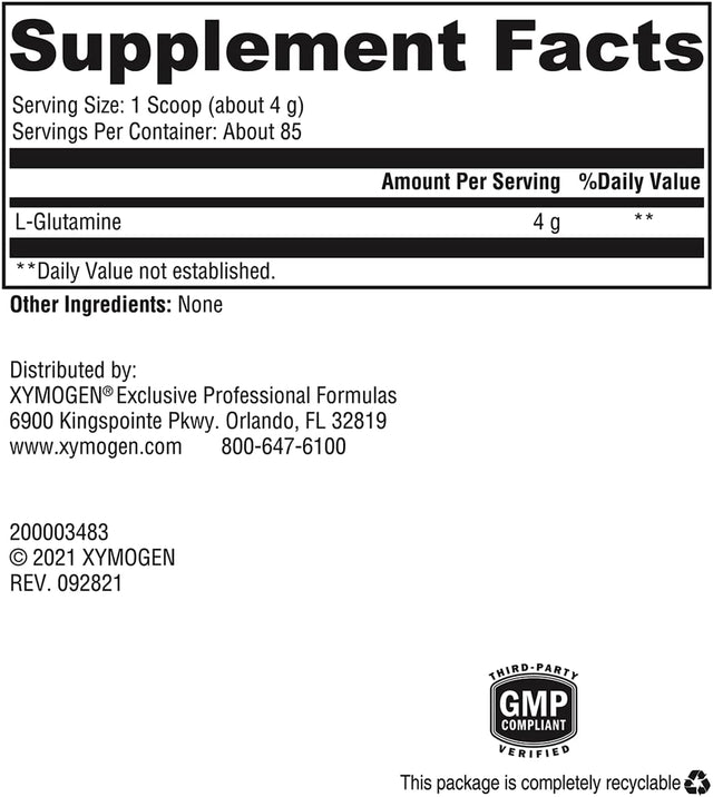 XYMOGEN L-Glutamine Powder Supplement - Promotes Cellular, Immune System + Gut Health - Supports Muscle Mass Retention, 4000Mg L-Glutamine per Serving (12 Oz / 85 Servings)