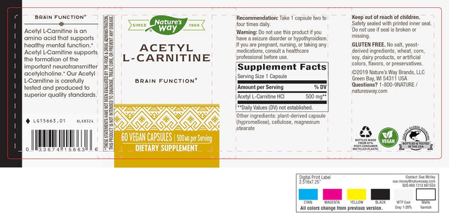 Nature'S Way Acetyl L-Carnitine, Supports Brain Function*, 500Mg per Serving, 60 Capsules