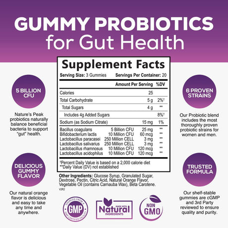 Nature’S Acidophilus Probiotics for Women & Men Gummies, 5 Billion CFU, 6 Strains, Daily Probiotic Supplement Gummy to Support Digestive Health, No Refrigeration Needed, Orange Flavor - 60 Gummies