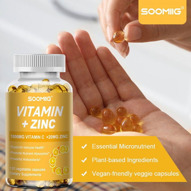 SOOMIIG Vitamin 1000Mg + Zinc 20Mg Supplement, 2-In-1 Antioxidant Formula, Immunity Enhancement, Collagen Production & Skin Health Support