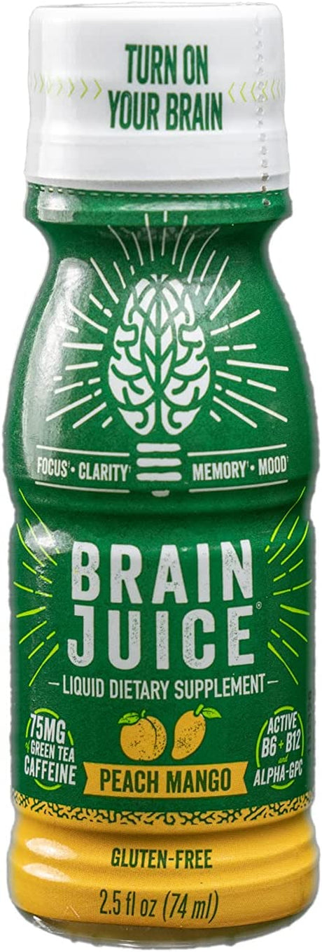 Brainjuice Brain Booster Shot, Original Peach Mango | Brain Support Supplement with Alpha GPC, B5, B6, B12 | Improved Energy, Memory, Focus, Clarity, & Mood | Gluten-Free, Non-Gmo | 2.5 Fl Oz, 12 Pack