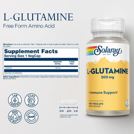 SOLARAY L Glutamine Capsules 500 Mg - Immune Support Supplement - Free Amino Acid - Lab Verified, 60-Day Money-Back Guarantee - 100 Servings, 100 Vegcaps
