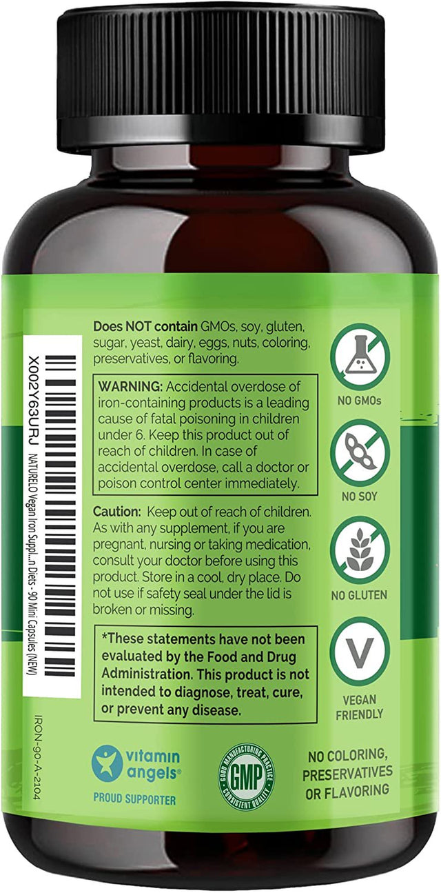 NATURELO Vegan Iron Supplement with Vitamin C and Organic Whole Foods - Gentle Iron Pills for Women & Men W/ Iron Deficiency Including Pregnancy, Anemia and Vegan Diets - 90 Mini Capsules
