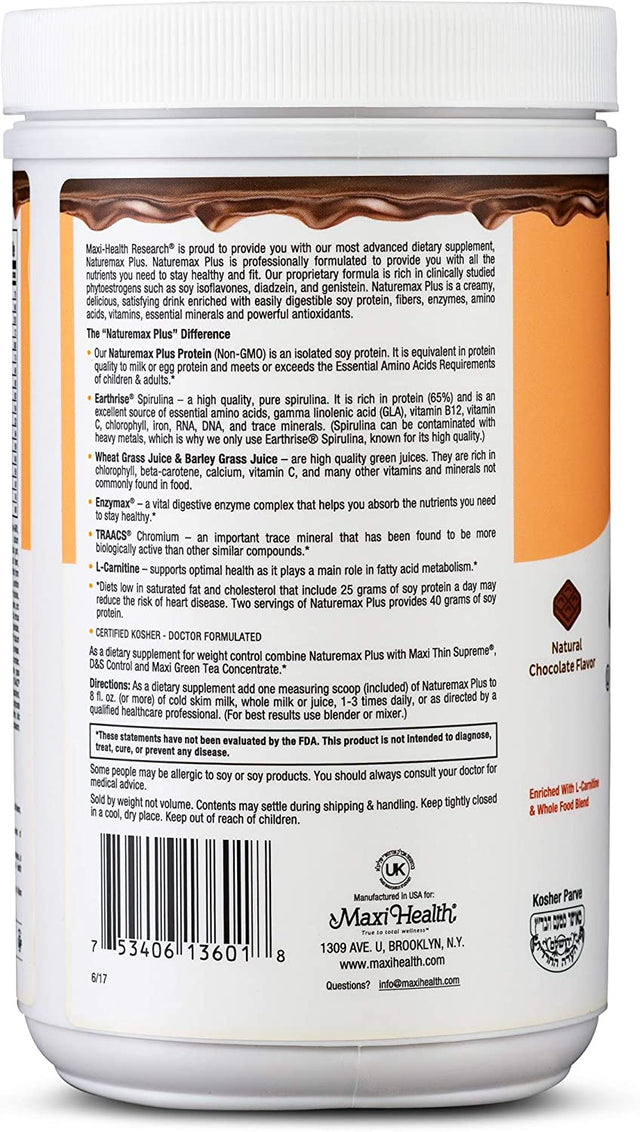 Maxi-Health Naturemax plus Energy Support Drink Soy Protein Powder - Sugar Free Diet Supplement - 20G Protein per Serving - Natural Chocolate Flavor - Kosher Vitamin - 1Lb