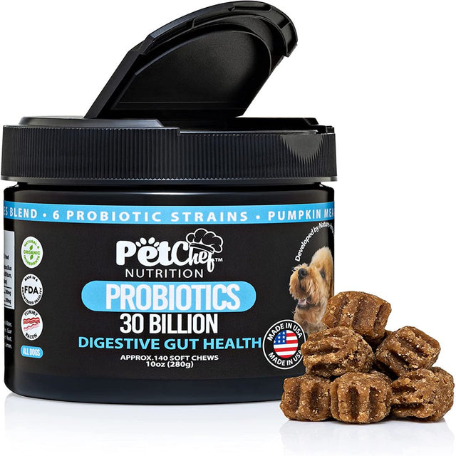 Pet Chef Nutrition Probiotic Soft Treats for Dogs | Digestive Gut Health, Gas & Bloating, Constipation, Diarrhea & Upset Stomach | Premium Chewable Treats for Pets - All Ages & Sizes - 140 Ct (Bacon)
