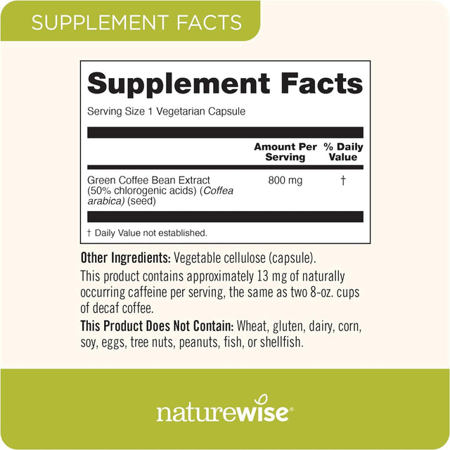 Naturewise Green Coffee Bean 800Mg Max Potency Extract 50% Chlorogenic Acids, Raw Green Coffee Antioxidant Support Supplement & Support Healthy Weight Maintenance Goals, Non-Gmo, (60 Count)