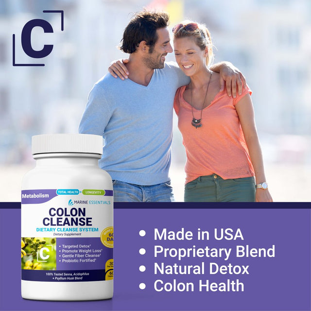 Marine Essentials - Colon Cleanse Dietary Supplement - 9 Strain Probiotic Blend, Senna Leaf Extract + Psyllium Husk