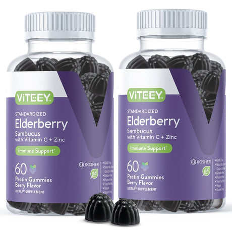 Sambucus Black Elderberry Gummies [3 in 1 Immune Booster] plus Zinc & Vitamin C - Herbal Dietary Supplements, Plant Based Pectin - Good for Adults Teens & Kids - Berry Flavored Gummy [60 Count-2 Pack]