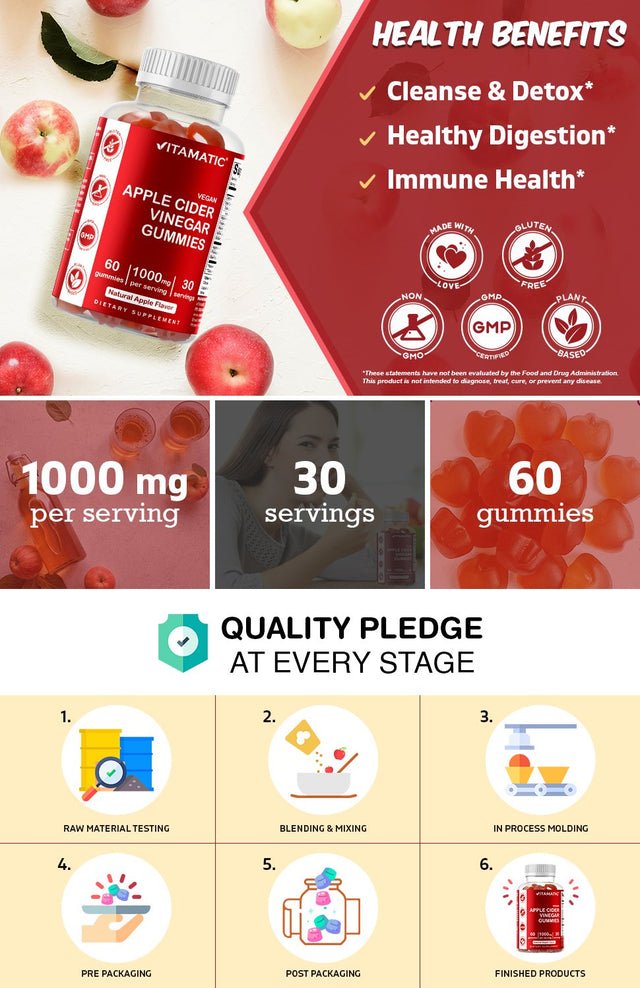 3 Pack - Vitamatic Apple Cider Vinegar Gummies - 1000Mg per Serving - 60 Vegan Gummies - ACV Gummies for Detox, Weight Loss Support, Energy Boost, Digestion & Gut Health (Total 180 Count)