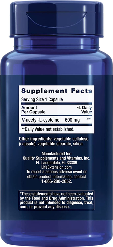 Life Extension N-Acetyl-L-Cysteine (NAC), Immune, Respiratory, Liver Health, NAC 600 Mg, Potent Antioxidant Support, Free-Radicals, Easy to Absorb, 60 Capsules