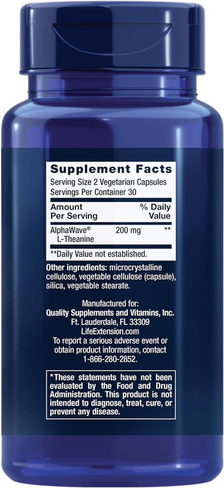 Life Extension L-Theanine, 100 Mg, 60 Vegetarian Capsules — Supports a Calming & Mood Enhancing Effect, Amino Acid Derived from Tea - Gluten-Free, Non-Gmo