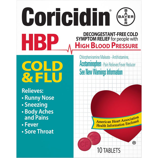 Coricidin HBP, Cold & Flu Relief Tablets, High Blood Pressure, 10 Count